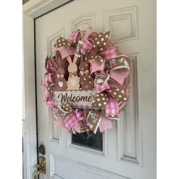 Beige Pink Welcome Easter Bunny Rabbit Mesh Ribbon Spring Wreath Door Hanger - Picture 6 of 7